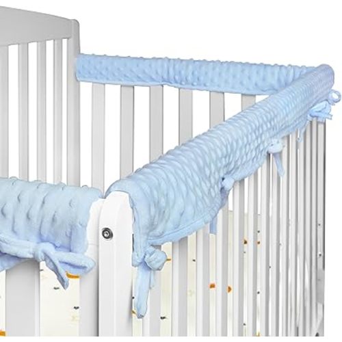 Upgraded 3-Pcs Velvet Crib Rail Covers for Teething, Buttery Soft Rail Edge Protector Strip for Protect Baby Teeth and Save Rails, Fits 52" x 28" Full-Size Crib with Narrow Guardrails, Blue