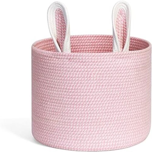 Cotton Rope Basket 15”x15”x18” Large Storage Basket Bin Foldable Laundry Basket Clothes Hamper with Handle Cute Bunny Ears Organizer Woven Storage Baskets for Living Room, 52L, Pink