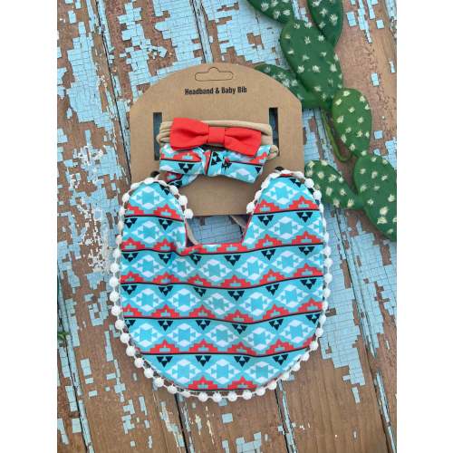 Blue Aztec baby bib & bow set
