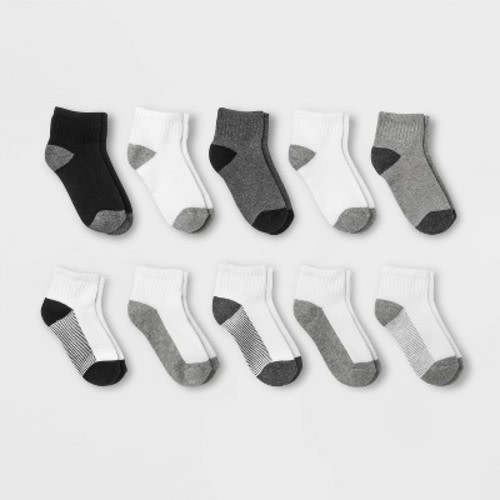 Boys' 10pk Ankle Socks - Cat & Jack™ White/Gray/Black, Size: M