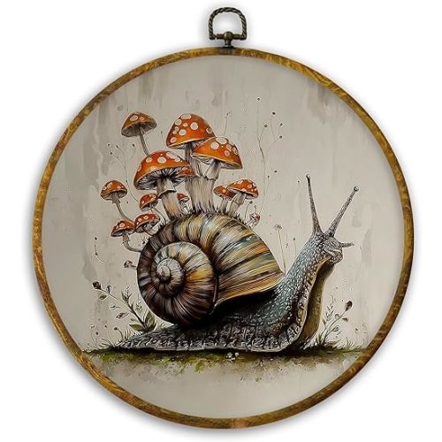 CUANFDDSF Whimsical Snail and Mushroom Round Wall Art Decor, Fantasy Nature Forest Wall Hanging Frame Decor, Rustic Cottagecore Canvas Prints Decorations for Home Bedroom Living Room, 10x10 Inch