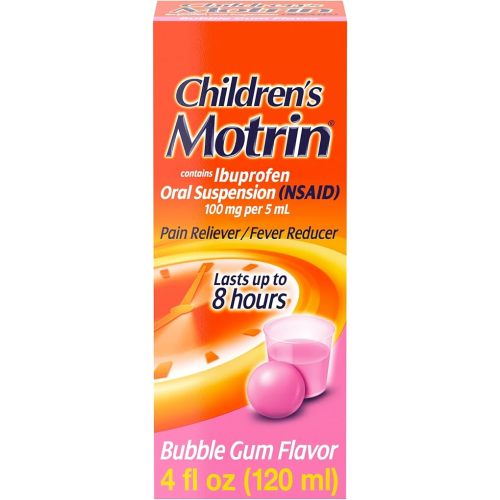 Motrin Children's Oral Suspension Medicine, 100 mg Ibuprofen, Kids Fever Reducer & Pain Reliever for Minor Aches & Pains Due to Cold & Flu, Alcohol-Free, Bubble Gum Flavored, 4 fl. oz