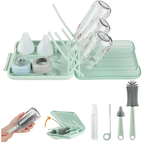 Bottle Brush Set -Baby Travel Essential-6 in 1 Bottle Cleaner Kit with Silicone Bottle Brush,Nipple Cleaner Brush,Straw Brush,Soap Dispenser,Storage Box,Bottle Drying Rack for Home and Travel(Green)
