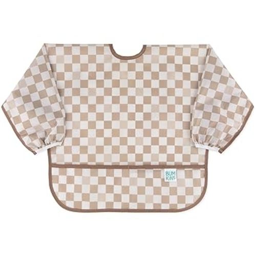 Bumkins Sleeved Bib for Girl or Boy, Baby and Toddler for 6-24 Mos, Essential Must Have for Eating, Feeding, Baby Led Weaning Supplies, Long Sleeve Mess Saving Food Catcher, Soft Fabric, Beige Check