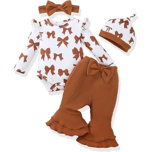 Renotemy Preemie Newborn Baby Girl Clothes Infant Romper Fall Winter Outfits Gifts for Girls Cute Bell Bottoms Pant Sets