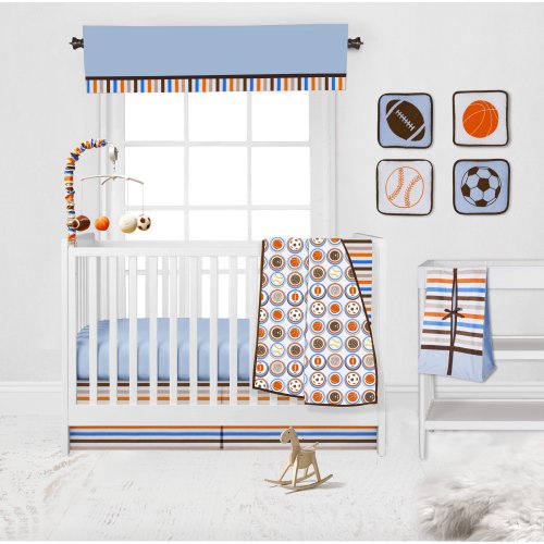 Bacati - Mod Sports 11-Piece Nursery in a Bag Crib Bedding Set 100% Cotton Percale Boys Crib Bedding Set with 2 crib fitted sheets