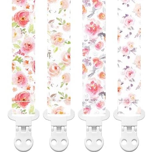 Baby Pacifier Clip Holder - Girl 4 Pack Gift Set – Vintage Rose Flowers Floral Pink, Coral, Green, Gray, Blush