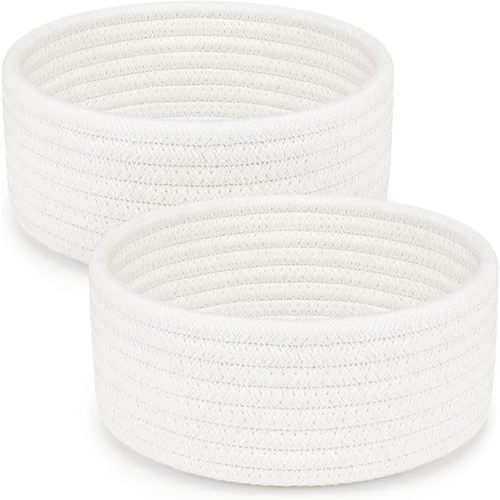 ABenkle 2 Pack Small Baskets, Cotton Rope Woven Basket, Cute Mini Tiny Storage Baskets, Decorative Boho Basket for Nursery Living Room Bedroom Montessori Shelf, Empty Gift Basket - White