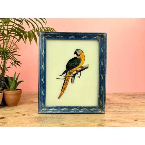 Vintage Indian Reverse Glass Painting of a Parrot Bird
