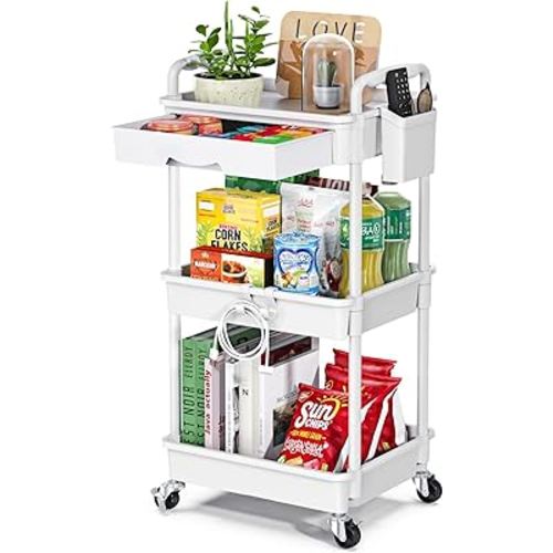 Rolling Utility Cart with Drawer 3 Tier, Utility Storage Organizer with Plastic Shelf & Lockable Wheels Multifunctional Storage Cart for Kitchen, Bathroom, Office, Living Room, White
