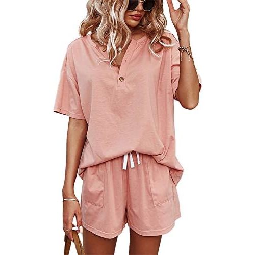 CORSKI Women's Short Sleeve Sweatsuit Sets Lounge 2 Piece V Neck Tracksuit Casual Loose Fit Outfits
