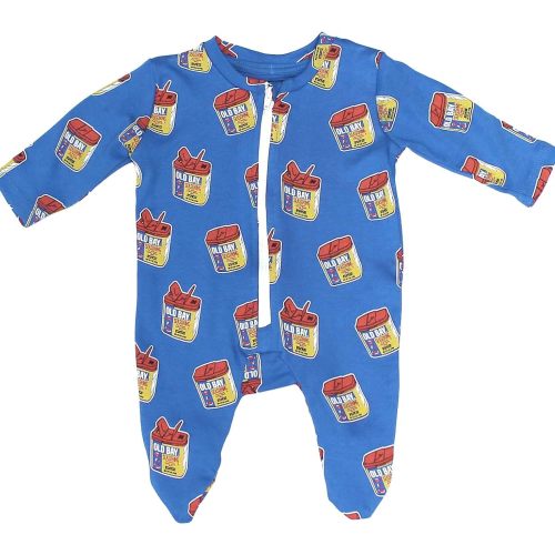 Route One Apparel | OLD BAY 3-D Can Pattern Long Sleeve Blue Baby Footie Onesie with Zipper Pajama Sleepwear for Infants