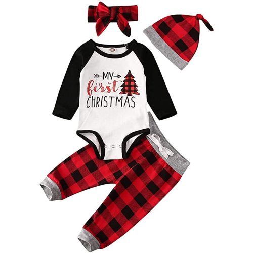 Newborn Infant Baby Boy Girl 1St Christmas Outfit Raglan Romper Onesie Buffalo Plaid Pants Hat Winter Clothes Set - My First Christmas Baby Girl/Boy - 3-6 Months