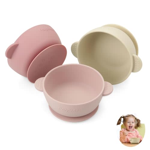 PandaEar 3 Pack Baby Bowls with Suction| Stay Put Silicone Food Bowl for Babies Kids Toddlers Infants| Food Grade Soft Safe BPA-Free Silicone (Pink)