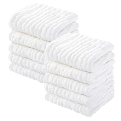 Baby Washcloths, Muslin Cotton Baby Towels, Large 10”x10” Wash Cloths Soft on Sensitive Skin, Absorbent for Boys & Girls, Newborn Baby & Toddlers Essentials Shower Registry Gift (White, Pack of 10)