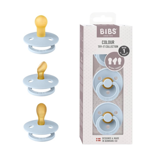 BIBS Pacifiers 0-6 Months | 3-Pack Soothers | BPA-Free Symmetrical Nipple | Made in Denmark | Ivory Try-It Collection (Baby Blue)
