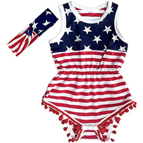 XFGLCK Baby Girls 4th of July Outfits Stars Stripe Sleeveless Romper with Headband American Flag Summer Outfits