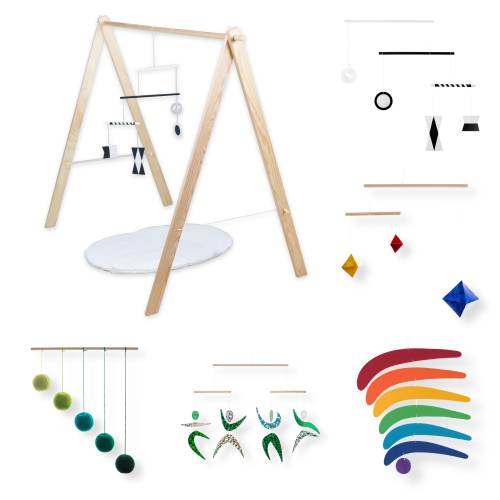 Set of 5 x montessori mobiles with gym holder - Munari, Green Gobbi, Dancers, Octahedron, Rainbow. Montessori mobile, Baby mobile, Hanging