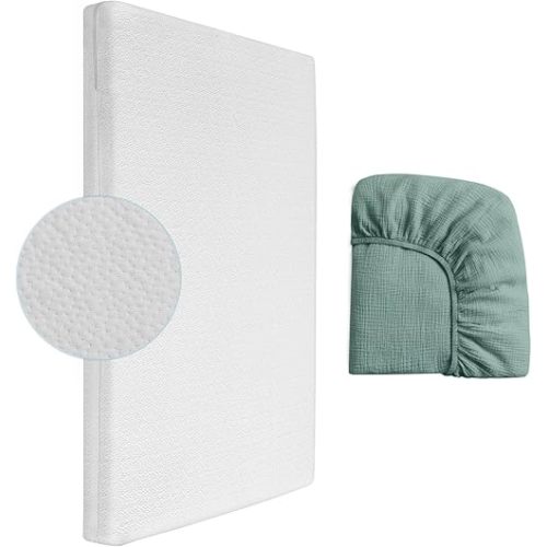 Mini Crib Mattress, 2-Stage Dual Firmness with High Density Support Foam and Cooling Gel Memory Form, 38 x 24inch Mini Mattress for Crib with Green Muslin Sheet for Replacement, White