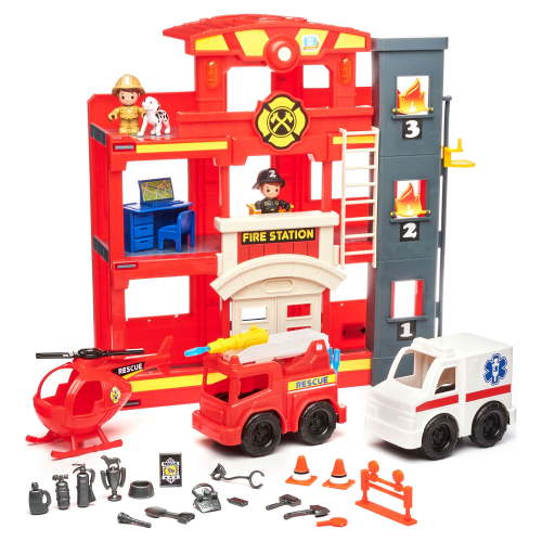Kid Connection Fire Station Playset with Light Sound 31 Pieces Emergency Vehicle Truck