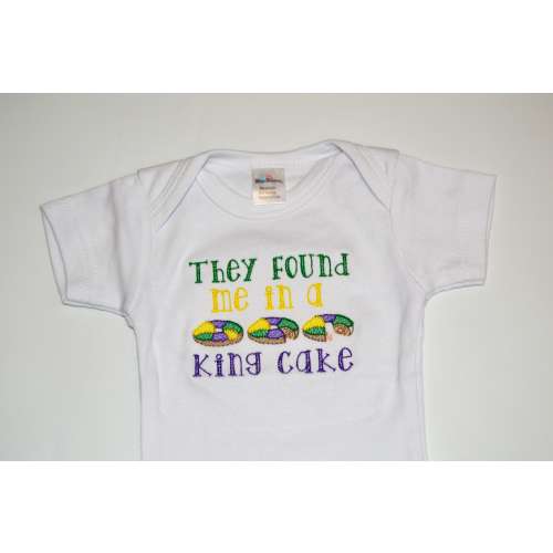 Mardi Gras Baby One Piece Bodysuit, They Found me in a King Cake embroidered baby outfit