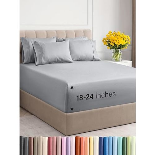 Extra Deep Queen Sheet Set - 6 Piece Breathable & Cooling Sheets - Hotel Luxury Bedding Set with 18-24 Inch Extra Deep Pockets - Easy Fit - Super Soft, Wrinkle Free and Comfy - Steel Blue, Queen Size