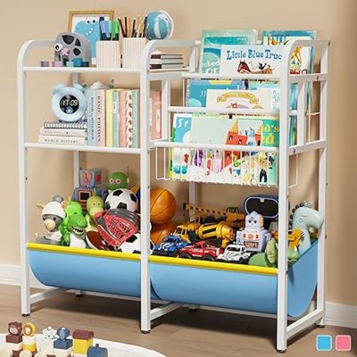 3 in 1 Kids Bookshelf and Toy Storage Organizer, Baby Montessori Bookshelf Book Organizer for Kids, Toddler Book Display Shelf Ideal for Classrooms, Playrooms and Nurseries (Light Blue)