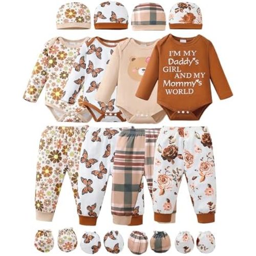 NZRVAWS Newborn Baby Boy Girl Clothes Unisex Infant Romper Pants Set Hat 4-Pack Outfits 0-12 Months 16 Pieces Toddler