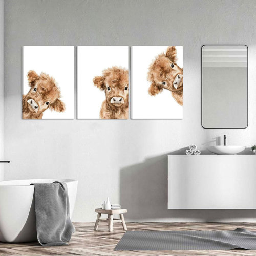 August Grove® 3Pcs Highland Cow Baby Canvas Wall Art Brown Peeping Highland Cattle Wall Decor Pictures Cute And Funny Animals Paintings Posters Prints For Nursery Children's Room Bathroom Artwork Home Decoration | Wayfair