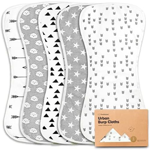 5-Pack Organic Burp Cloths for Baby Boys and Girls - Ultra Absorbent Burping Cloth, Burp Clothes, Newborn Towel - Milk Spit Up Rags - Burpy Cloth Bib for Unisex, Boy, Girl - Burp Cloths (Grayscape)