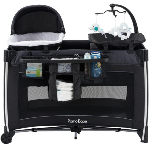 Pamo Babe 4 in 1 Baby Playards with Bassinet & Changing Table, Portable Crib Breathable Mesh and Toy Mobile