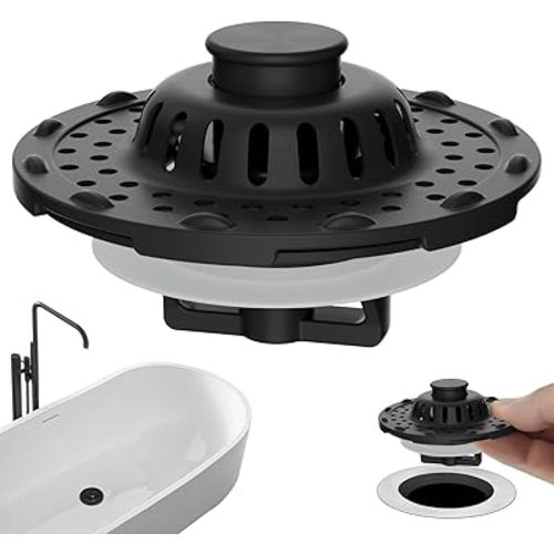 Universal Bathtub Drain Stopper Shower Drain Hair Catcher, Tub Stopper with Visible Top Strainer, Upgraded 3 in 1 Pop-up Drain Plug Fit for 1.5 to 2.4" Hole, Stainless Steel Filter Basket, Matte Black