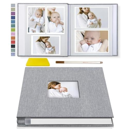 Popotop Photo Album Self Adhesive with Picture Display Window,60 Pages DIY Scrapbook Album for 4x6 10x12 Picture,Linen Cover Memory Book for Baby Wedding, with Scraper and Metallic Pen