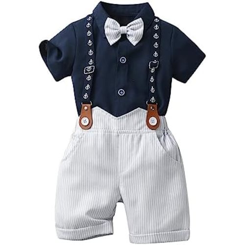 Baby Boys Gentleman Shorts Sets, Infant Outfits Suits, Shirt+Shorts+Bow Tie+Suspenders