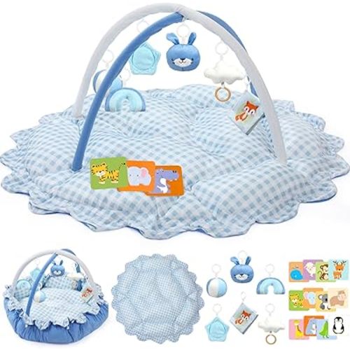 5-in-1 Baby Gym Play Mat with Cartoon Pattern, Extra Thick Plush Tummy Time Activity Gym with Hanging Toys, Sensory Development & Motor Skills Training Floor Mat, Blue