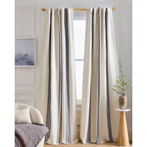 Coastal Stripe Linen/Cotton Blackout Curtain in Ivory/Navy