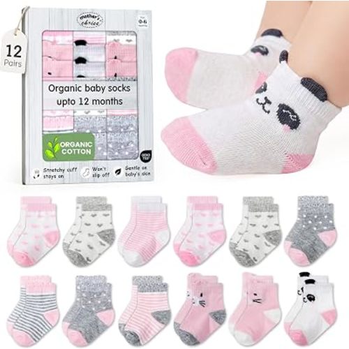 Mother's Choice Baby Socks 0-6 Months 12 Pairs Organic Cotton Blend Infant Socks Stay-On for Crawling & First Steps OEKO-TEX Certified Baby Gift