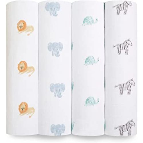 aden + anais Swaddle Blanket, 100% Organic Cotton Muslin Blankets for Girls & Boys, Baby Receiving Swaddles, Ideal Newborn & Infant Swaddling Set, 4 Pack, Animal Kingdom