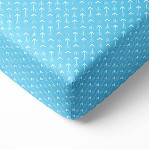Bacati - Crib or Toddler Bed Fitted Sheet 100% Cotton Percale, Woodlands Aqua Arrow
