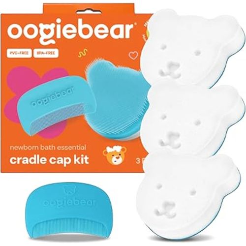 oogiebear Cradle Cap Brush Kit Includes 2 Additional Replacement Sponges – Gentle and Safe Scalp Massage Care with Sponge, Brush, and Comb for Newborns and Babies