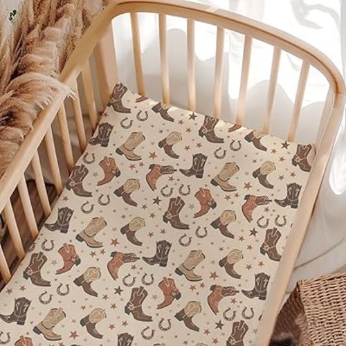 Unisex Western Stars Horseshoes Pattern Baby Fitted Crib Mattress Sheets for Baby Boys Girls Standard Crib and Toddler Mattress, Breathable Western Print Crib Sheets Baby Nursery Bedding-28 * 52