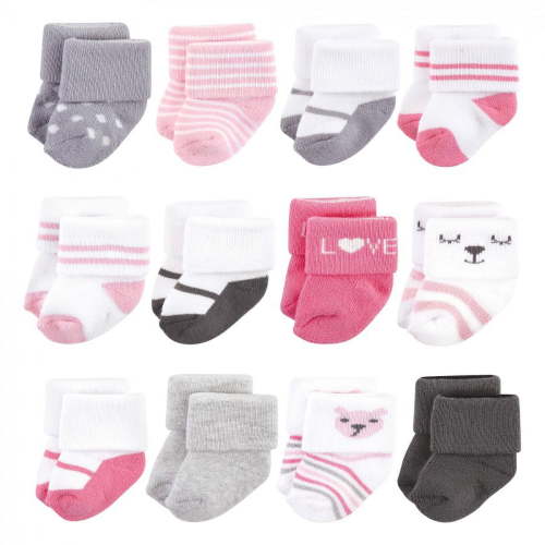 Hudson Baby Infant Girl Cotton Rich Newborn and Terry Socks, Bear Girl 12Pk, 0-6 Months