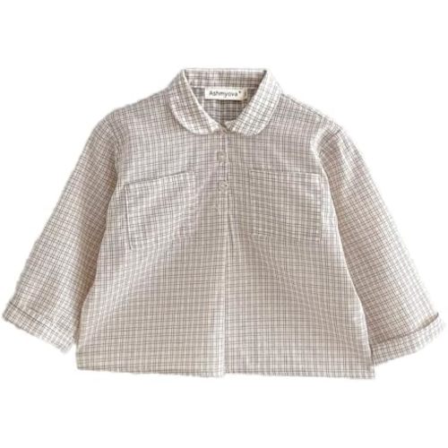 Ashmyova Boys Long Sleeve Vintage Plaid Blouses Shirt Cotton Classic Collared Button-Down Shirts Spring Tees Pocket Tops