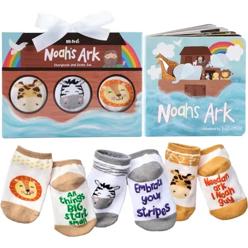 Tickle & Main Noah’s Ark 4-Piece Gift Set for Infants 0-12 Months, Includes Storybook and 3 Pairs of Animal Socks Noah Arc Noahs Ark Book for Baby