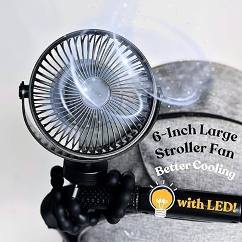 Portable Fan for Stroller - 6-inch Rechargeable Stroller Fan Clip on for Baby Strollers, Car Seats & More; Stroller Accessories for Outings, 4800 mAh Battery for Camping, Gym, Beach (Black)