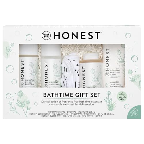 The Honest Company Fragrance Free Bathtime Gift Set | Hypoallergenic Bath Essentials for Sensitive Skin | Shampoo + Body Wash, Face + Body Lotion, Bubble Bath, Conditioner, Wash Cloth