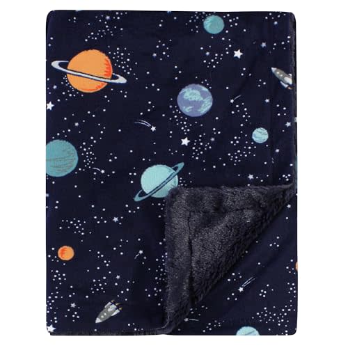 Hudson Baby Unisex Baby Plush Blanket with Furry Binding and Back, Space, One Size