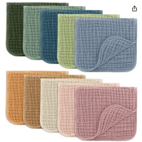 Comfy Cubs Muslin Burp Cloths 20" x 10", Pack of 10 - Large, 6-Layer, Ultra Absorbent 100% Cotton for Baby Drool and Messes - Soft, Safe & Gentle Baby Burp Cloths for Boys & Girls - Multi