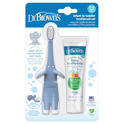 Dr. Brown's Infant-to-Toddler Training Toothbrush Set, Blue Elephant with Fluoride-Free Apple Pear Baby Toothpaste, 0-3 years