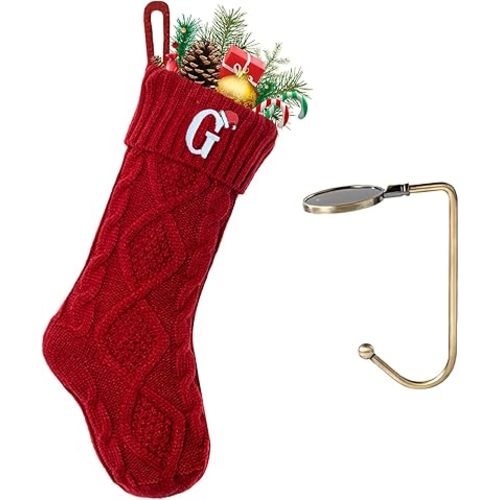 Christmas Stockings with Initials, Letter G Embroidered Xmas Stockings, 18" Large Monogram Knitted Xmas Stocking, Christmas Party Fireplace Family Hanging Stocking Decorations(1 Pack, Red)